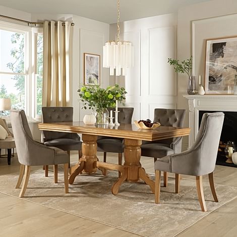 Chatsworth Extending Dining Table & 4 Duke Chairs, Natural Oak Finished Birch Veneer & Solid Hardwood, Grey Classic Velvet & Natural Oak Finished Solid Hardwood, 150-180cm