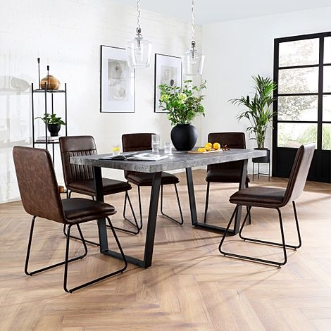 Addison 200cm Concrete Dining Table with 4 Flint Vintage Brown Leather Chairs