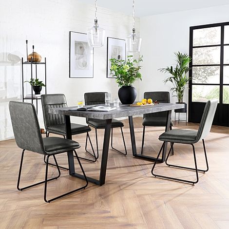 Addison 200cm Concrete Dining Table with 4 Flint Vintage Grey Leather Chairs
