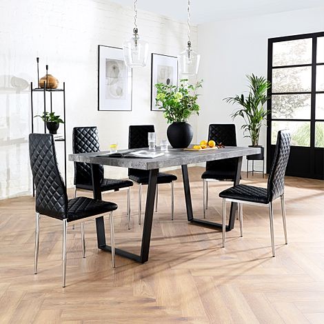 Addison 200cm Concrete Dining Table with 8 Renzo Black Leather Chairs