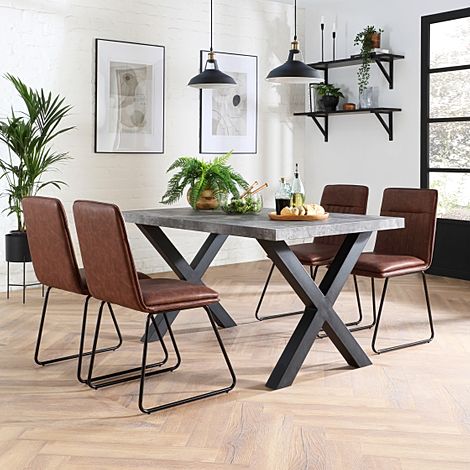 Franklin 200cm Concrete Dining Table with 4 Flint Tan Leather Chairs