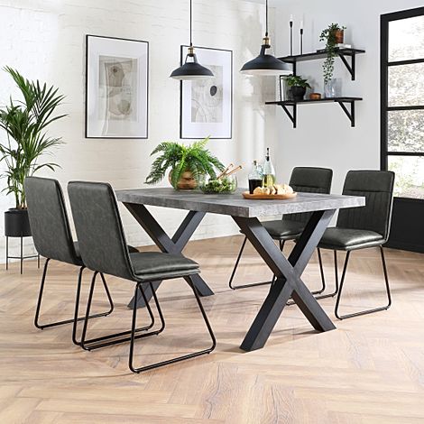 Franklin 200cm Concrete Dining Table with 4 Flint Vintage Grey Leather Chairs