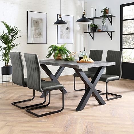 Franklin 200cm Concrete Dining Table with 4 Perth Vintage Grey Leather Chairs
