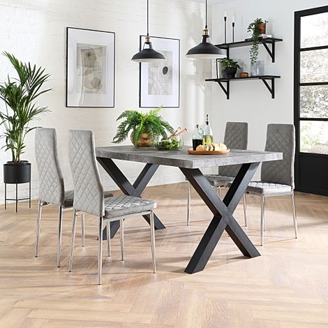 Franklin 200cm Concrete Dining Table with 4 Renzo Grey Velvet Chairs