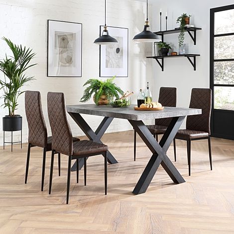 Franklin 200cm Concrete Dining Table with 4 Renzo Vintage Brown Leather Chairs