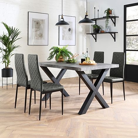 Franklin 200cm Concrete Dining Table with 4 Renzo Vintage Grey Leather Chairs