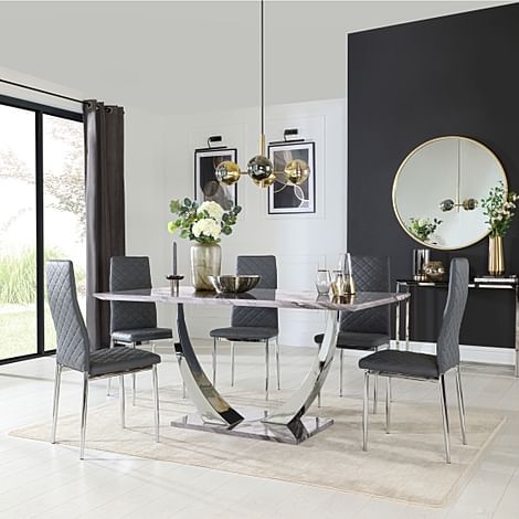 Peake Grey Marble and Chrome Dining Table with 6 Renzo Grey Leather Chairs