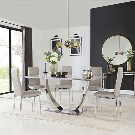 Peake Grey Marble and Chrome Dining Table with 6 Renzo Stone Grey Leather Chairs