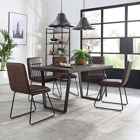 Addison 200cm Grey Wood Dining Table with 4 Flint Vintage Brown Leather Chairs