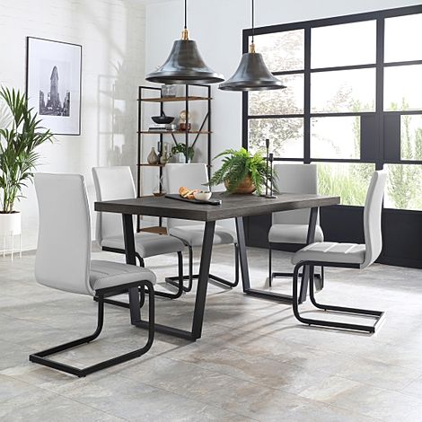 Addison Industrial Dining Table & 4 Perth Chairs, Grey Oak Veneer & Black Steel, Light Grey Classic Faux Leather, 200cm