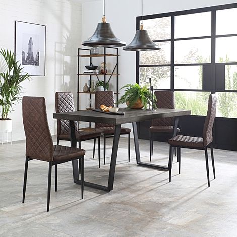 Addison 200cm Grey Wood Dining Table with 6 Renzo Vintage Brown Leather Chairs