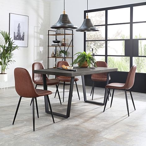 Addison Industrial Dining Table & 8 Brooklyn Chairs, Grey Oak Veneer & Black Steel, Tan Classic Faux Leather, 200cm