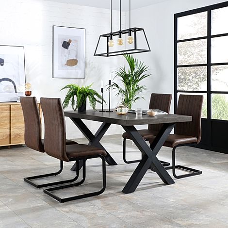 Franklin 200cm Grey Wood Dining Table with 6 Perth Vintage Brown Leather Chairs