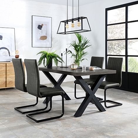 Franklin 200cm Grey Wood Dining Table with 4 Perth Vintage Grey Leather Chairs