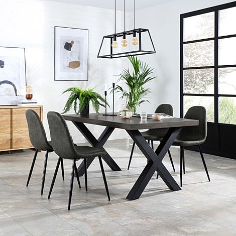 Franklin Industrial Dining Table & 6 Brooklyn Chairs, Grey Oak Veneer & Black Steel, Vintage Grey Classic Faux Leather, 200cm