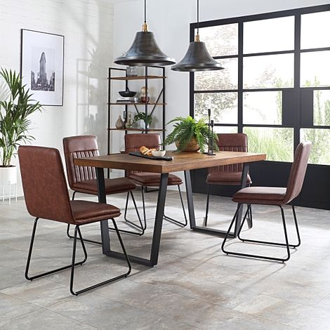 Addison 200cm Industrial Oak Dining Table with 4 Flint Tan Leather Chairs