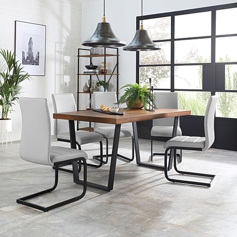 Addison 200cm Industrial Oak Dining Table with 4 Perth Light Grey Leather Chairs
