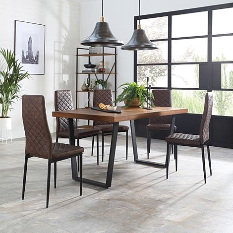 Addison 200cm Industrial Oak Dining Table with 8 Renzo Vintage Brown Leather Chairs