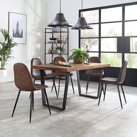 Addison Industrial Dining Table & 6 Brooklyn Chairs, Dark Oak Veneer & Black Steel, Vintage Brown Classic Faux Leather, 200cm