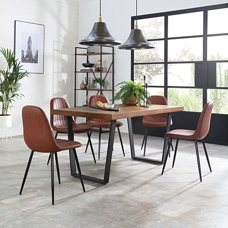 Addison Industrial Dining Table & 6 Brooklyn Chairs, Dark Oak Veneer & Black Steel, Tan Classic Faux Leather, 200cm