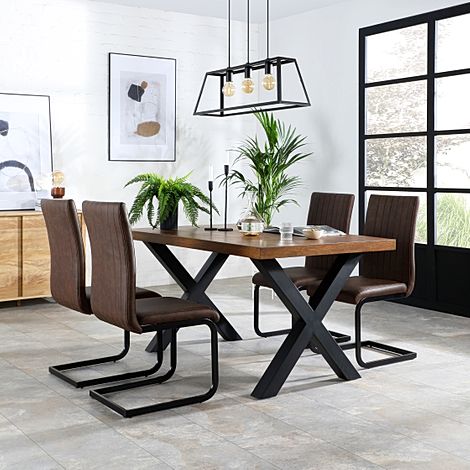 Franklin Industrial Dining Table & 6 Perth Chairs, Dark Oak Veneer & Black Steel, Vintage Brown Classic Faux Leather, 200cm
