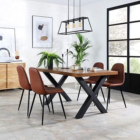 Franklin Industrial Dining Table & 4 Brooklyn Chairs, Dark Oak Veneer & Black Steel, Tan Classic Faux Leather, 200cm
