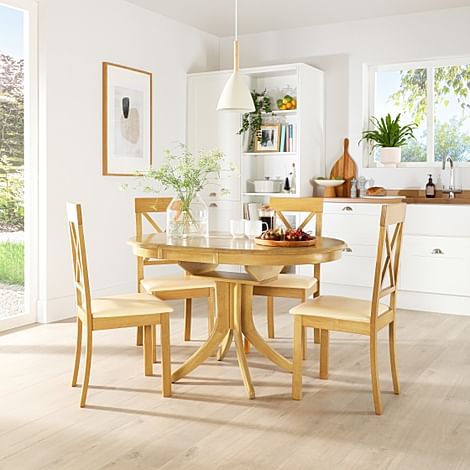 Hudson Round Extending Dining Table & 6 Kendal Chairs, Natural Oak Finished Solid Hardwood, Ivory Classic Faux Leather, 90-120cm