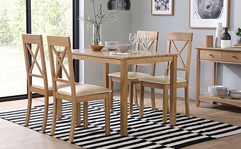 Milton Dining Table & 4 Kendal Chairs, Natural Oak Finished Solid Hardwood, Ivory Classic Faux Leather, 120cm