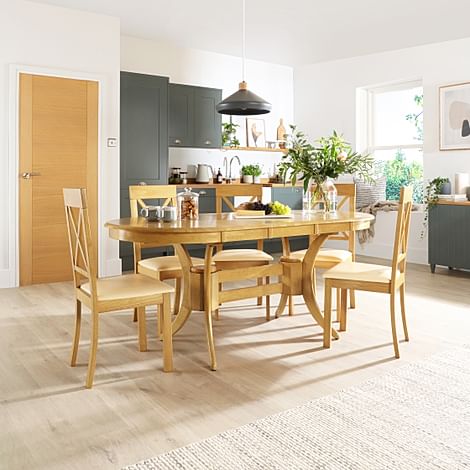 Townhouse Oval Extending Dining Table & 4 Kendal Chairs, Natural Oak Finished Solid Hardwood, Ivory Classic Faux Leather, 150-180cm