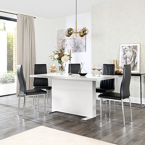 Magnus White High Gloss Dining Table with 4 Leon Black Leather Chairs