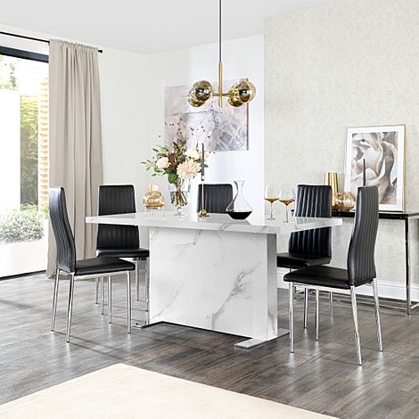 Magnus White Marble Dining Table with 4 Leon Black Leather Chairs