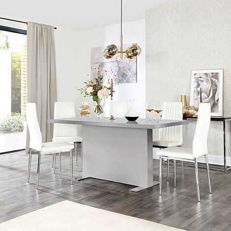 Magnus Grey High Gloss Dining Table with 4 Leon White Leather Chairs