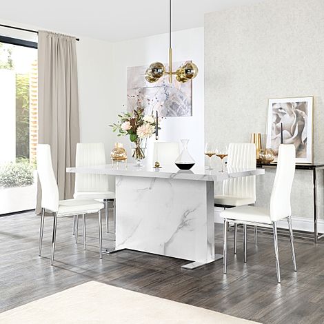 Magnus White Marble Dining Table with 6 Leon White Leather Chairs