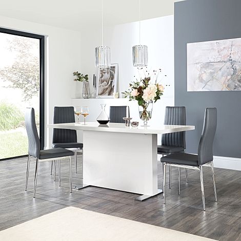 Magnus White High Gloss Dining Table with 4 Leon Grey Leather Chairs