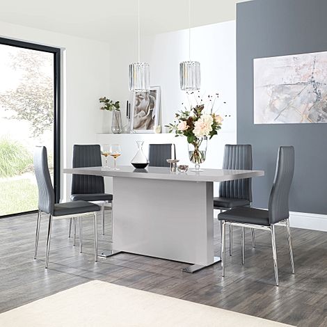 Magnus Grey High Gloss Dining Table with 6 Leon Grey Leather Chairs