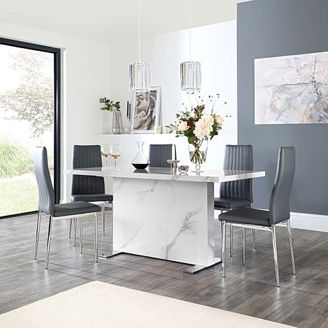 Magnus White Marble Dining Table with 6 Leon Grey Leather Chairs