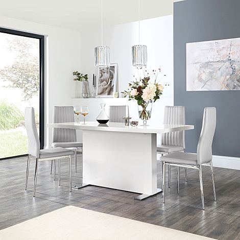 Magnus White High Gloss Dining Table with 4 Leon Light Grey Leather Chairs