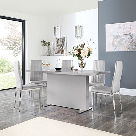 Magnus Grey High Gloss Dining Table with 4 Leon Light Grey Leather Chairs