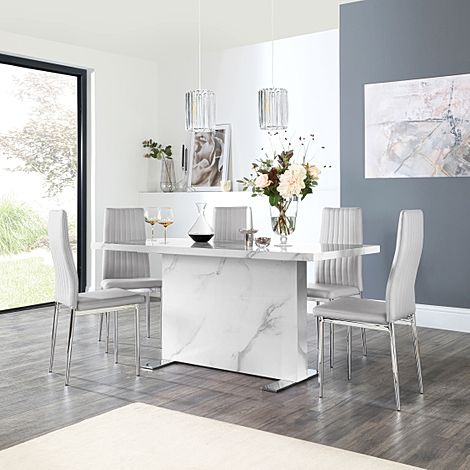 Magnus White Marble Dining Table with 4 Leon Light Grey Leather Chairs