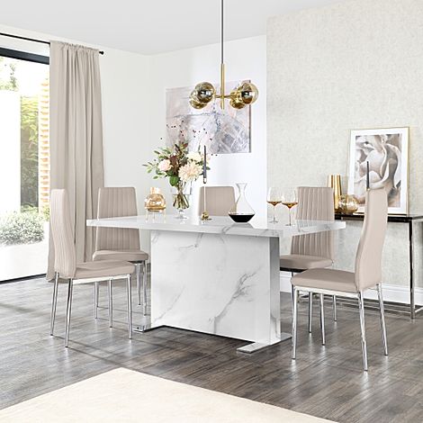 Magnus White Marble Dining Table with 4 Leon Stone Grey Leather Chairs