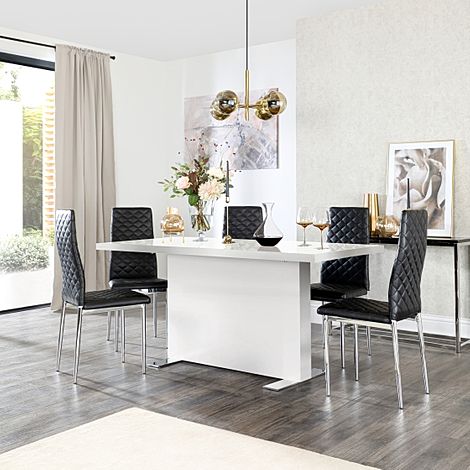 Magnus White High Gloss Dining Table with 4 Renzo Black Leather Chairs
