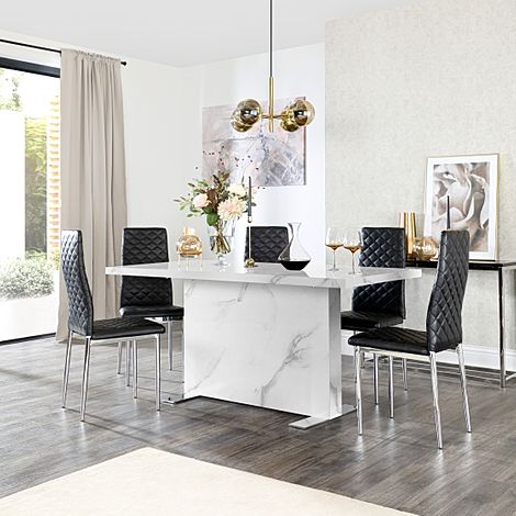 Magnus White Marble Dining Table with 4 Renzo Black Leather Chairs