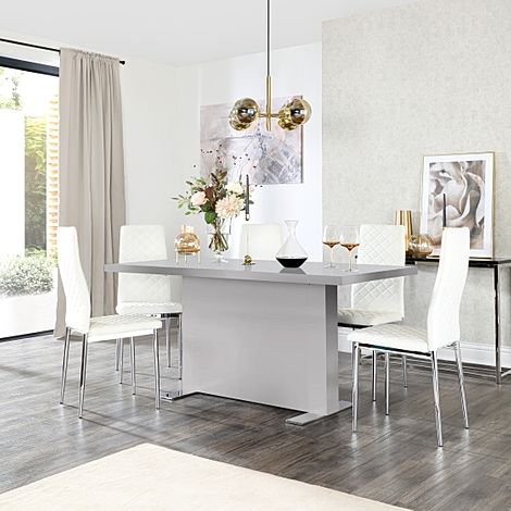 Magnus Grey High Gloss Dining Table with 4 Renzo White Leather Chairs