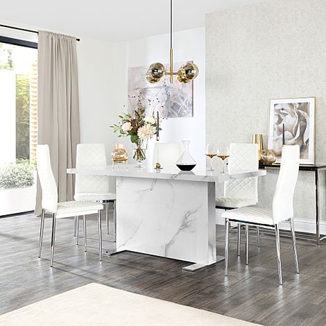 Magnus White Marble Dining Table with 4 Renzo White Leather Chairs
