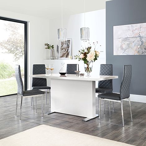 Magnus White High Gloss Dining Table with 4 Renzo Grey Leather Chairs