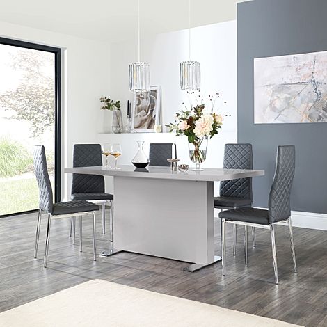 Magnus Grey High Gloss Dining Table with 4 Renzo Grey Leather Chairs