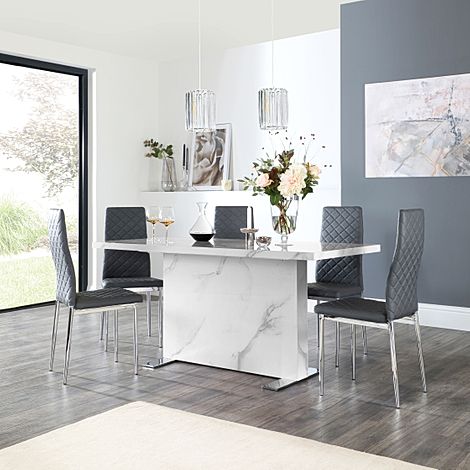 Magnus White Marble Dining Table with 6 Renzo Grey Leather Chairs