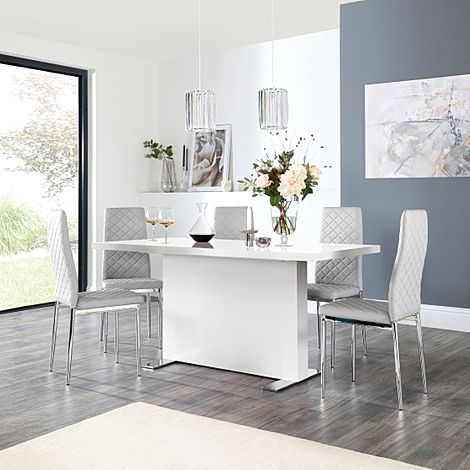 Magnus White High Gloss Dining Table with 4 Renzo Light Grey Leather Chairs