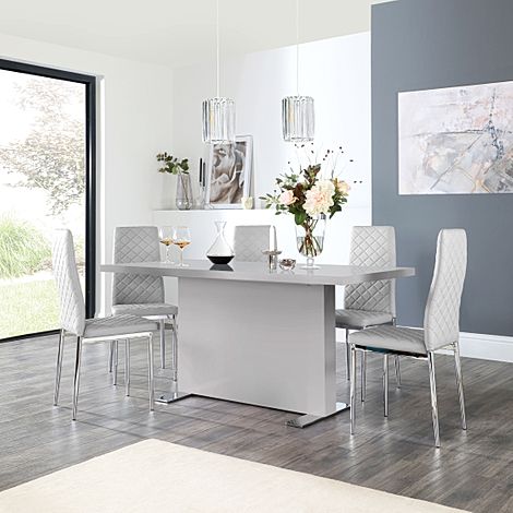 Magnus Grey High Gloss Dining Table with 4 Renzo Light Grey Leather Chairs