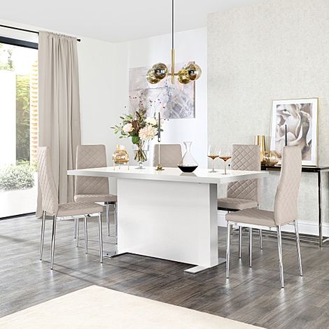 Magnus White High Gloss Dining Table with 4 Renzo Stone Grey Leather Chairs